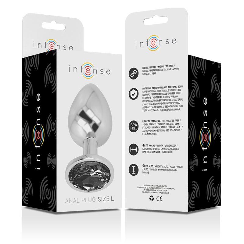 INTENSE - ALUMINIUM METALEN ANALE PLUG MET ZWART GLAS MAAT L