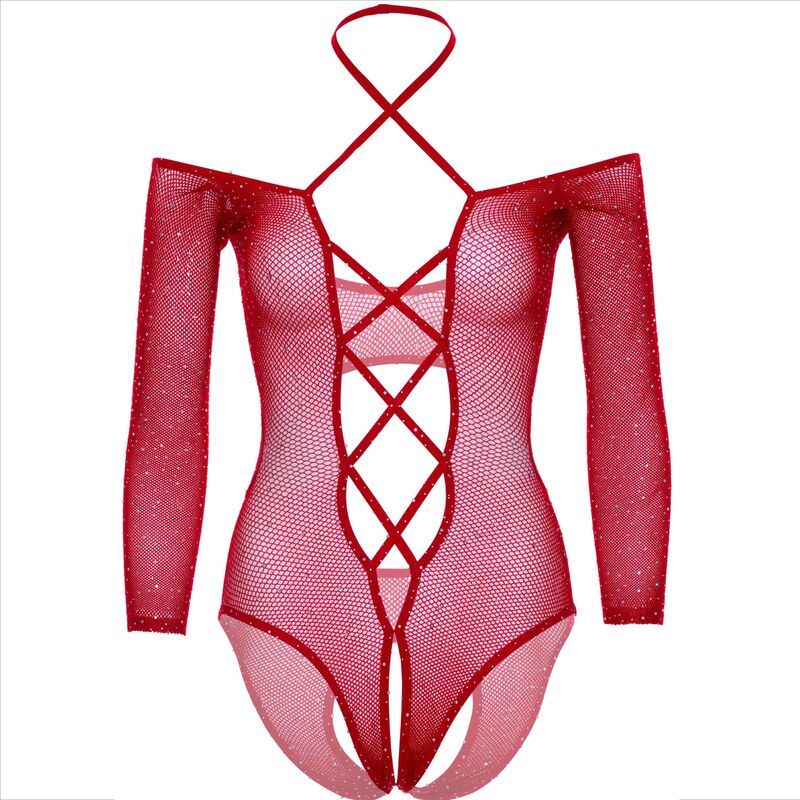 LEG AVENUE - BODY KRUISLOOS MET GLANS ROOD