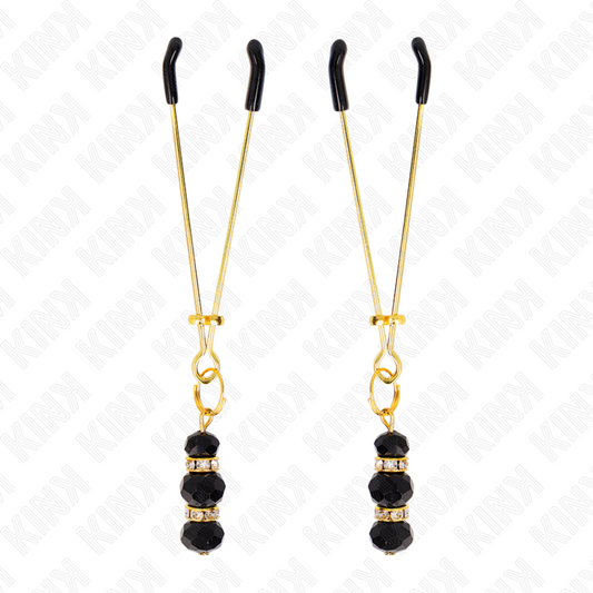 KINK - GOUDEN DUNNE TEPELKLEMMEN MET 3 ZWARTE GLASKRALEN 7 CM