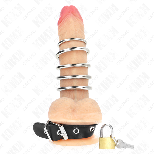 KINK - LEREN PENISRING MET SLUITRIEM 21 X 2 CM EN 5 METALEN RINGEN VAN 3 CM TOT 4 CM