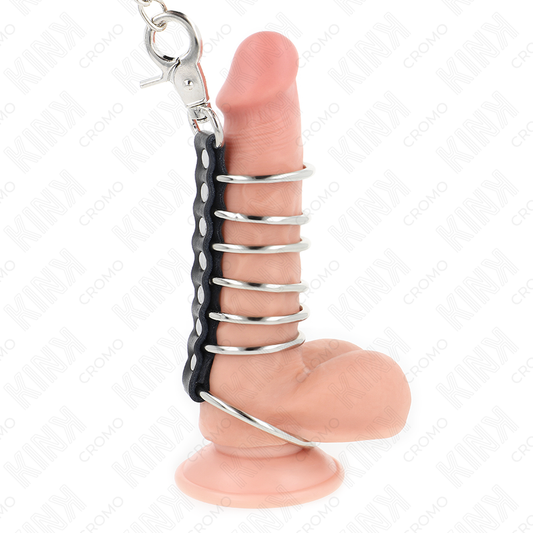 KINK - 7 METALEN PENISRINGEN 3.8 CM TOT 5 CM VERBONDEN MET LEER EN METALEN KETTING 100 CM