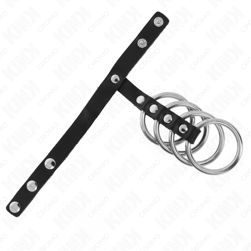 KINK - 4 METALEN PENISRINGEN 3,8 CM VERBONDEN MET LEREN BAND 22 X 1,5 CM EN DRUKSLUITING