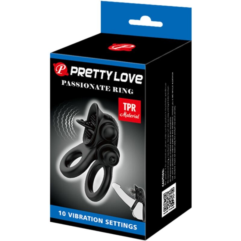 PRETTY LOVE - PASSIONATE RING DUBBELE VIBRERENDE RING + CLITORISSTIMULATOR ZWART