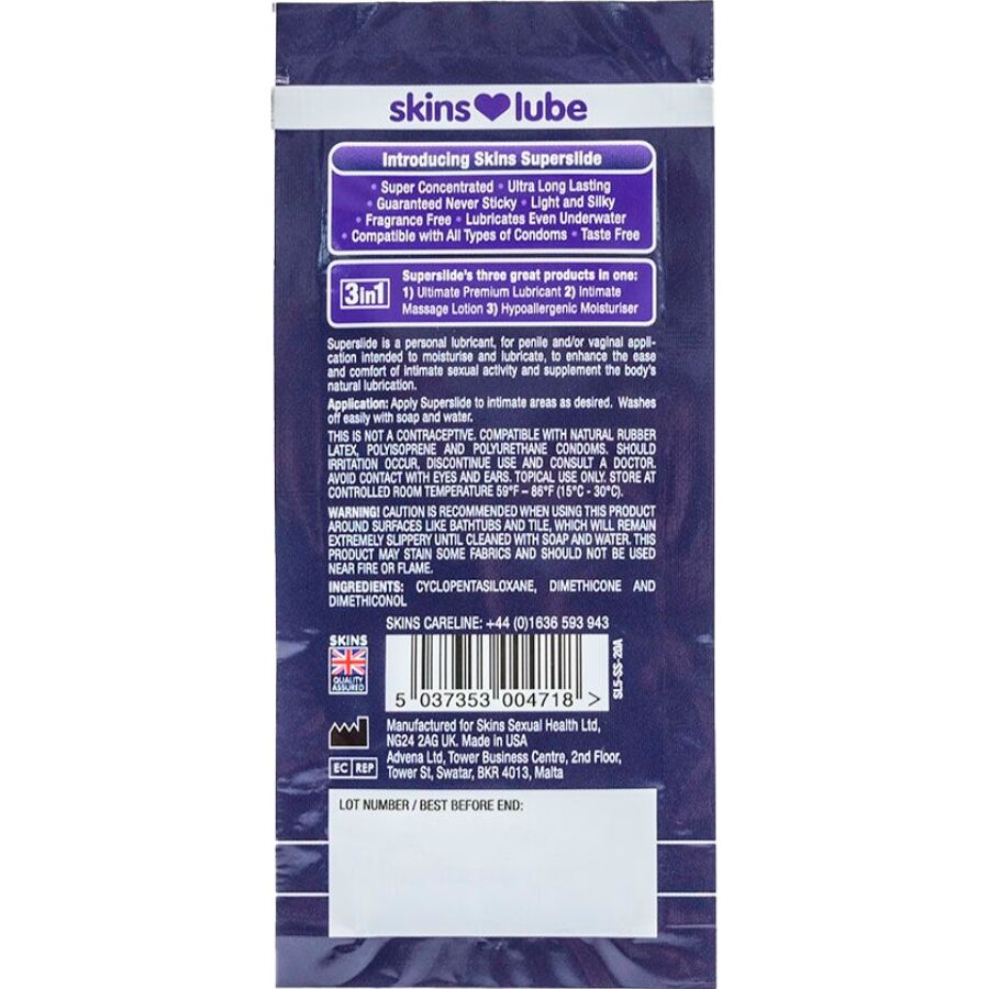 SKINS - SUPERSLIDE SILICONENGEBASEERD GLIJMIDDEL EENMALIGE DOSIS 5 ML
