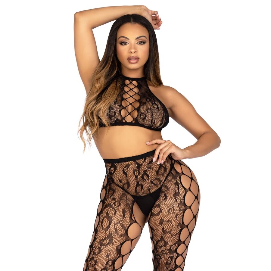 LEG AVENUE - 89372 CROPTOP & KRUISLOZE PANTY ZWART - ONE SIZE
