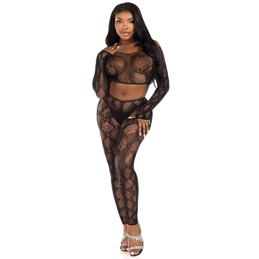 LEG AVENUE - 89373 PYTHON CROP TOP & VOETLOZE PANTY ZWART - EEN MAAT