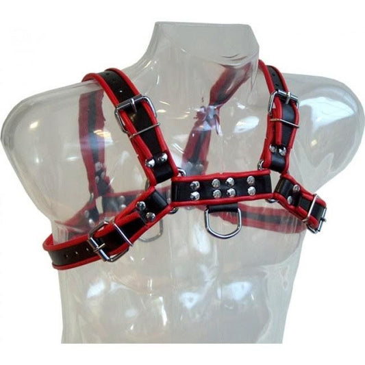 LEREN BODY - KETTING HARNAS III ZWART / ROOD