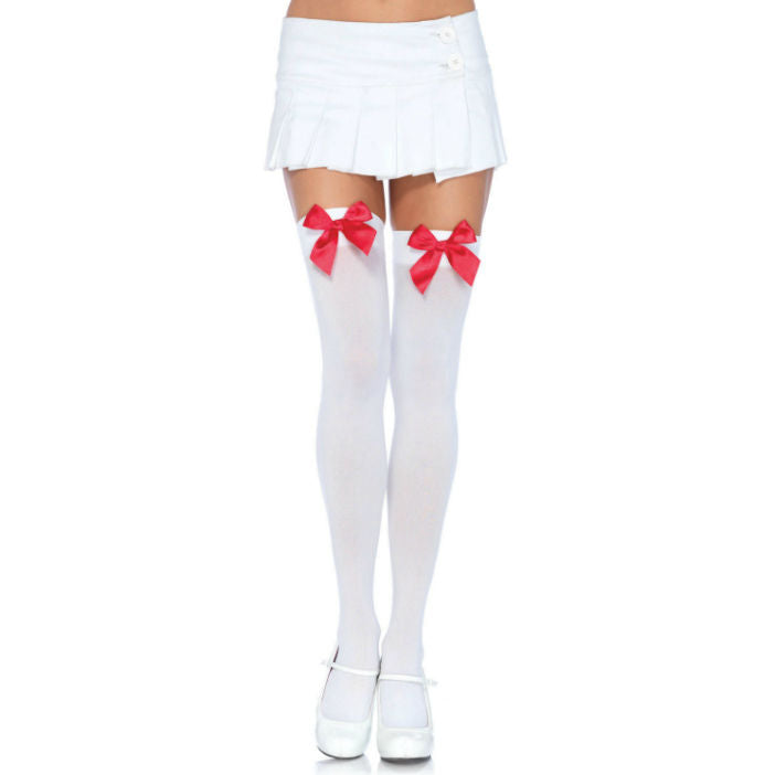 LEG AVENUE - NYLON DIJBEENKOUSE MET STRIK WIT / ROOD