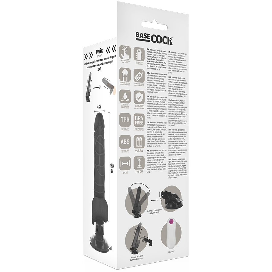BASECOCK - REALISTISCHE VIBRATOR AFSTANDSBEDIENING ZWART MET TEELBALLEN 19.5 CM -O- 4 CM