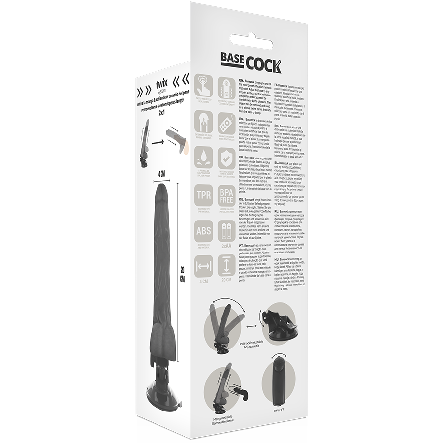 BASECOCK - REALISTISCHE ZWARTE AFSTANDSBEDIENBARE VIBRATOR MET TESTIKELS 20 CM -O- 4 CM