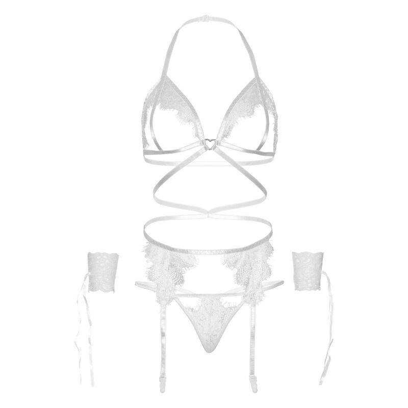 LEG AVENUE - VIERDELIGE SET BH, STRING, JARRETELGORDEL & POLSBANDEN EEN MAAT - WIT