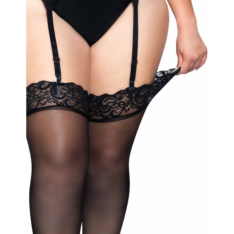 LEG AVENUE - OUTLET - ZWARTE NYLON KOUSEN MET KANTEN BOORD PLUS