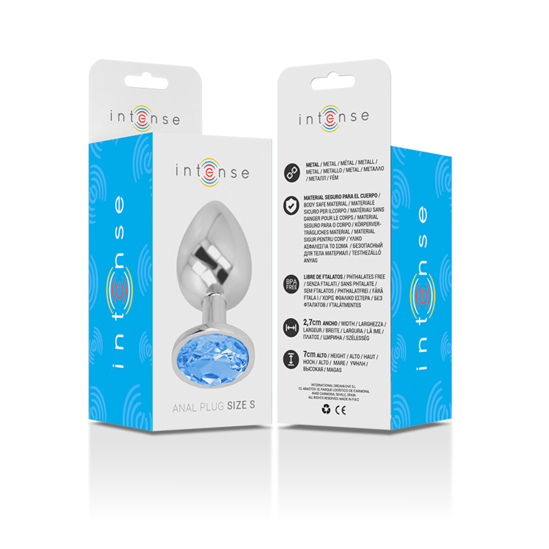 INTENSE - ALUMINIUM METAL ANALE PLUG MET BLAUWE KRISTAL MAAT S