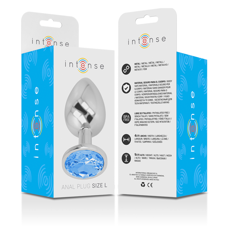 INTENSE - ALUMINIUM METAL ANALE PLUG MET BLAUWE KRISTAL MAAT L
