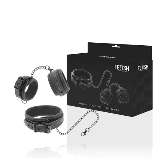 FETISJ-ONDERDANIG - VEGAN LEREN KETTING EN HANDBOEIEN MET NEOPREEN VOERING