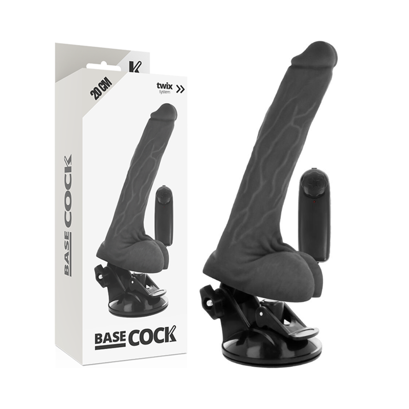 BASECOCK - REALISTISCHE ZWARTE AFSTANDSBEDIENBARE VIBRATOR MET TESTIKELS 20 CM -O- 4 CM