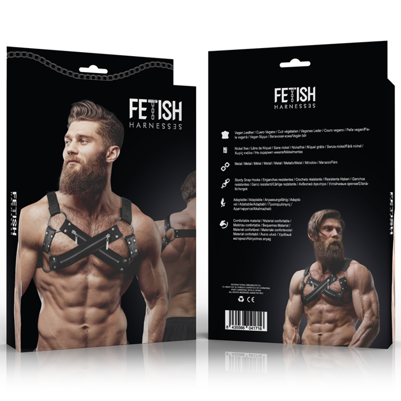 FETISH ONDERDANIGE HOUDING - VERSTELBAAR NEOPREEN CROSS-OVER BORST TUIGJE MET RITSEN VOOR MANNEN