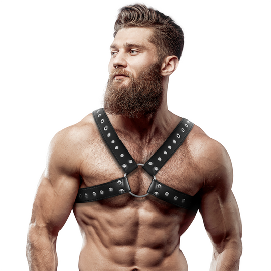 FETISH SUBMISSIVE HOUDING - HEREN CROSS-OVER ECO-LEDEREN BORSTHARNAS MET STUDS