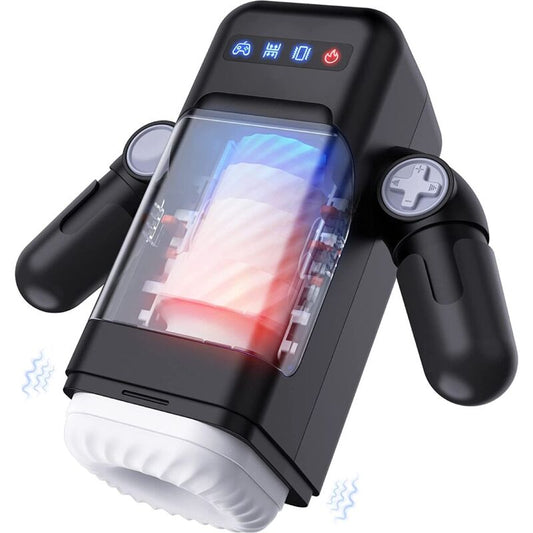 GAME CUP - STUWENDE VIBRATIE MASTURBATOR MET VERWARMINGSFUNCTIE EN MOBIELE HOUDER - ZWART