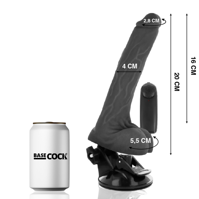 BASECOCK - REALISTISCHE ZWARTE AFSTANDSBEDIENBARE VIBRATOR MET TESTIKELS 20 CM -O- 4 CM