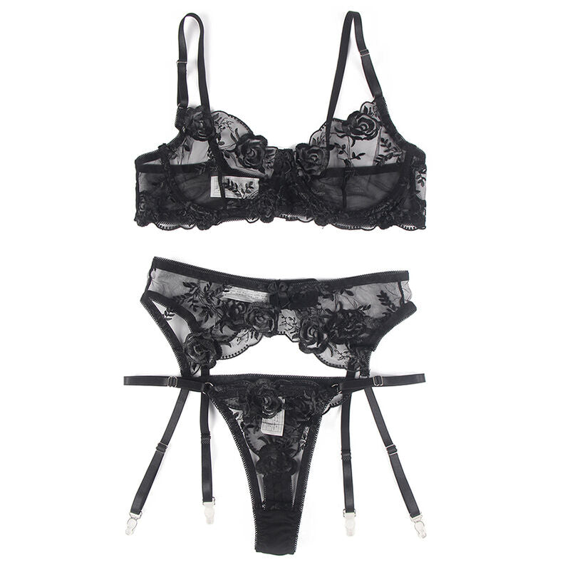 SUBBLIME - SET VAN 3 DELEN BH + STRING + JARRETEL GECONFECTIONEERD BLOEMMOTIEF ZWART S/M