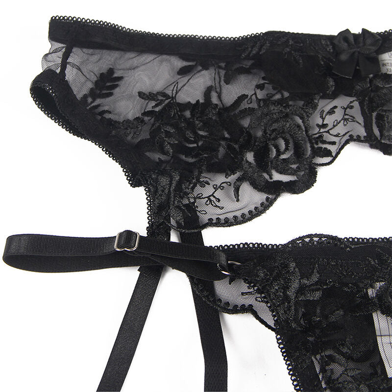 SUBBLIME - SET VAN 3 DELEN BH + STRING + JARRETEL GECONFECTIONEERD BLOEMMOTIEF ZWART S/M
