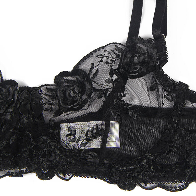 SUBBLIME - SET VAN 3 DELEN BH + STRING + JARRETEL GECONFECTIONEERD BLOEMMOTIEF ZWART S/M