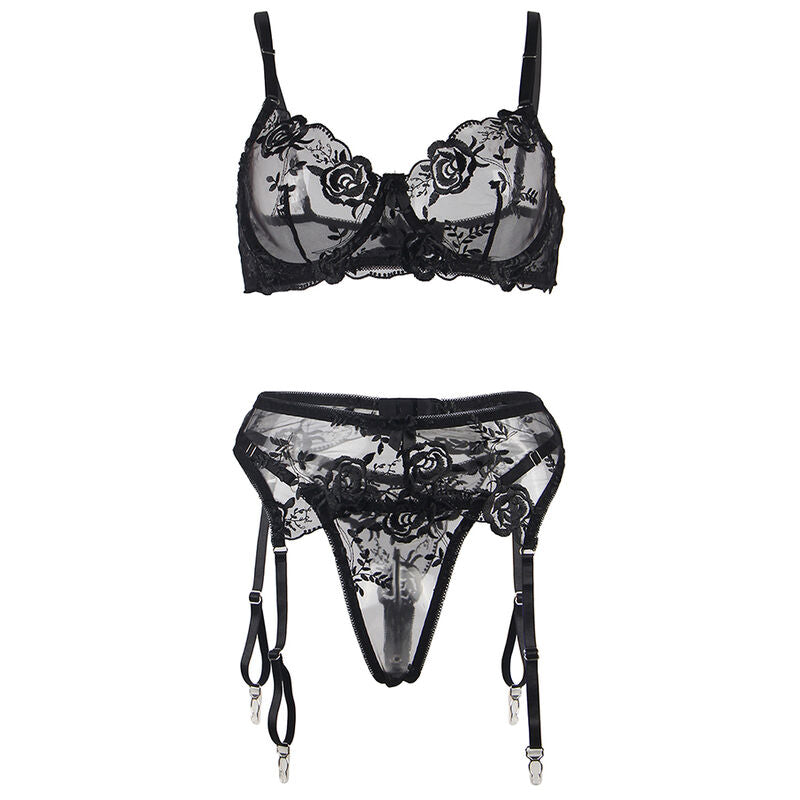 SUBBLIME - SET VAN 3 DELEN BH + STRING + JARRETEL GECONFECTIONEERD BLOEMMOTIEF ZWART S/M
