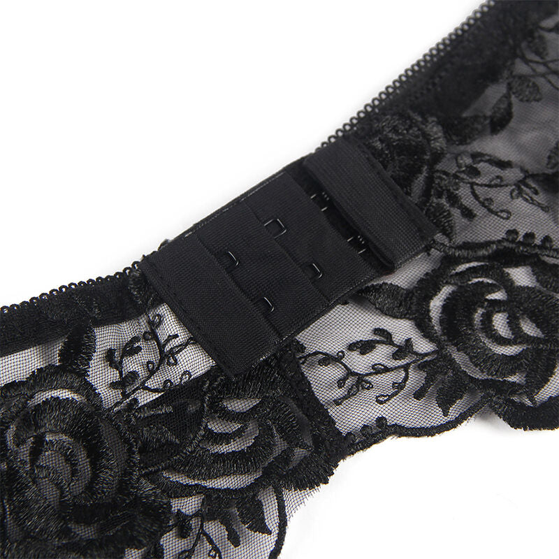 SUBBLIME - SET VAN 3 DELEN BH + STRING + JARRETEL GECONFECTIONEERD BLOEMMOTIEF ZWART S/M