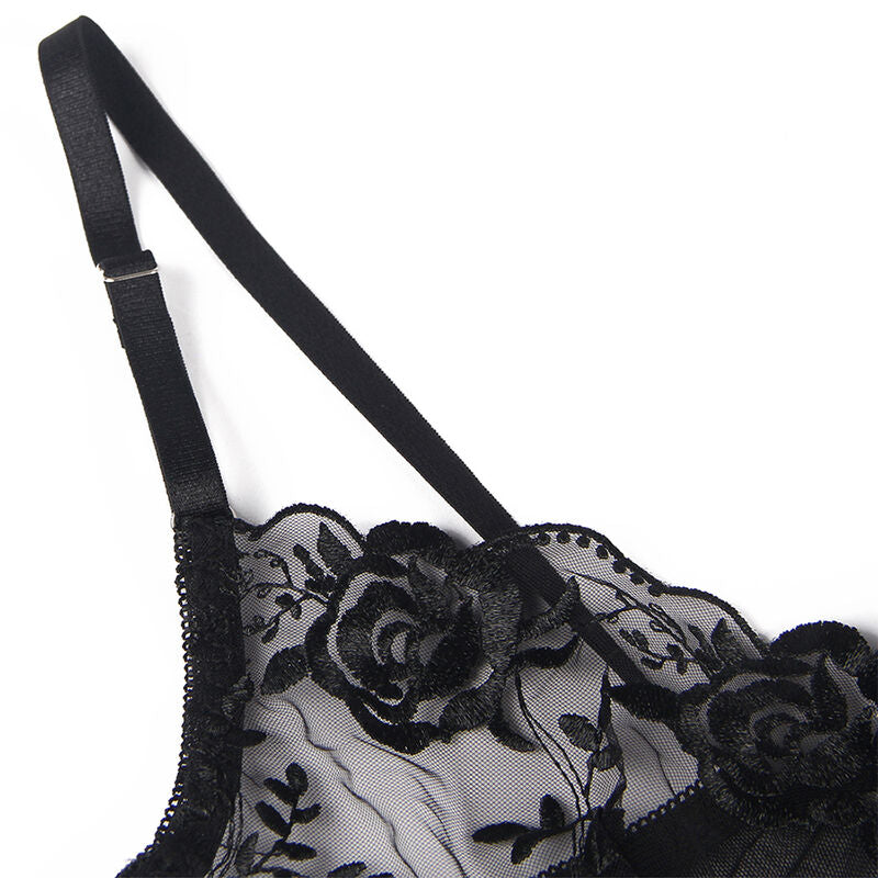 SUBBLIME - SET VAN 3 DELEN BH + STRING + JARRETEL GECONFECTIONEERD BLOEMMOTIEF ZWART S/M