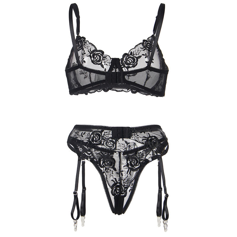 SUBBLIME - SET VAN 3 DELEN BH + STRING + JARRETEL GECONFECTIONEERD BLOEMMOTIEF ZWART S/M
