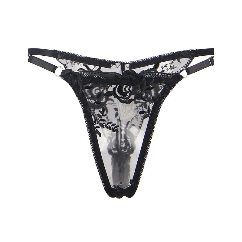 SUBBLIME - SET VAN 3 DELEN BH + STRING + JARRETEL GECONFECTIONEERD BLOEMMOTIEF ZWART S/M