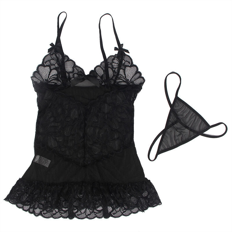 SUBBLIME - BABYDOLL MET VERSTELBARE BANDJES EN TRANSPARANTE KANT MET BLOEMENPRINT ZWART L/XL