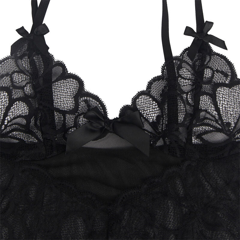 SUBBLIME - BABYDOLL MET VERSTELBARE BANDJES EN TRANSPARANTE KANT MET BLOEMENPRINT ZWART L/XL