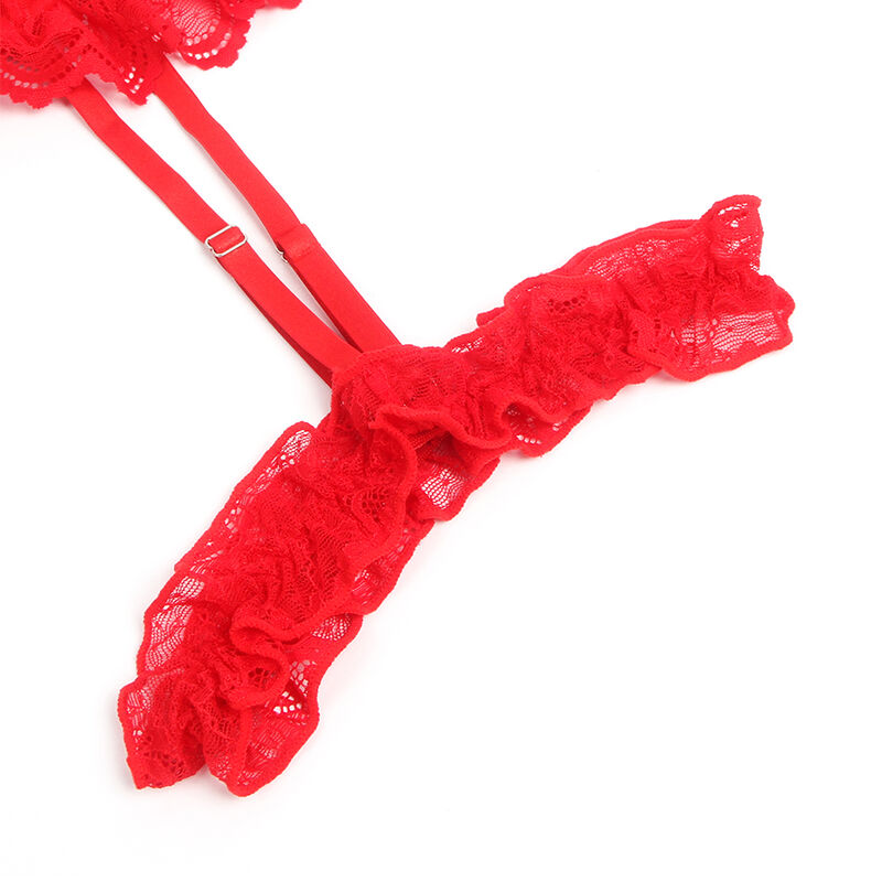 SUBBLIME - TEDDY MET JARRETEL MET KANT EN BANDJES ROOD S/M