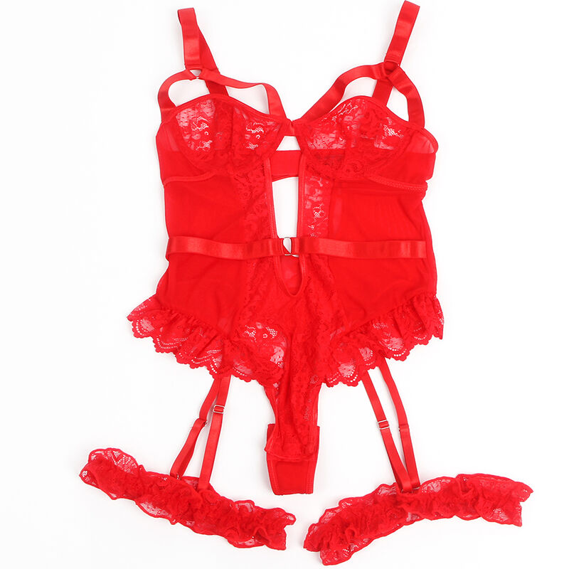 SUBBLIME - TEDDY MET JARRETEL MET KANT EN BANDJES ROOD S/M