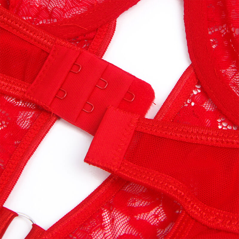 SUBBLIME - TEDDY MET JARRETEL MET KANT EN BANDJES ROOD S/M