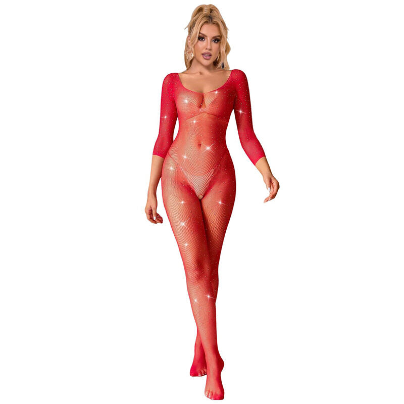 SUBBLIME - 952419 VISNET BODYSTOCKING MET DIAMANTEN LANGE MOUW ROOD XS/M