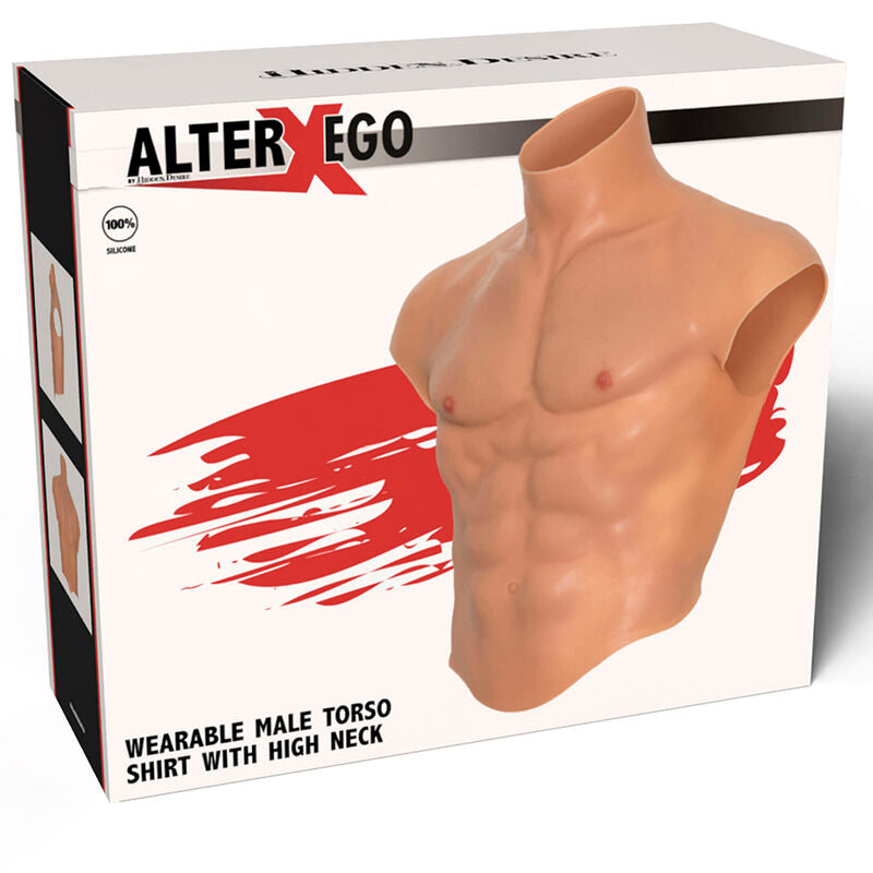 VERBORGEN VERLANGEN - ALTER EGO SILICONEN MANNENTORSO SHIRT MET BUIKSPIEREN VLEESKLEURIG