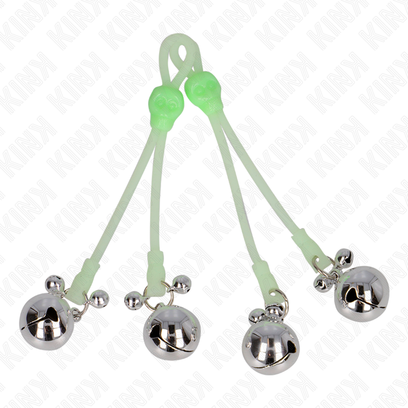 KINK - LICHTGEVENDE SCHEDEL NIPPELKLEMMEN MET BELLETJES VERSTELBAAR GROEN / ZILVER