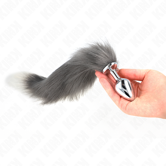 KINK - BUTTPLUG MAAT M 8 X 3,5 CM MET SYNTHETISCHE STAART 40 CM GRIJS EN WIT