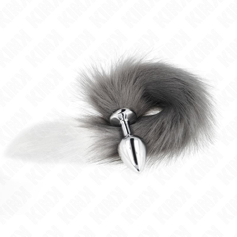 KINK - BUTTPLUG MAAT M 8 X 3,5 CM MET SYNTHETISCHE STAART 40 CM GRIJS EN WIT