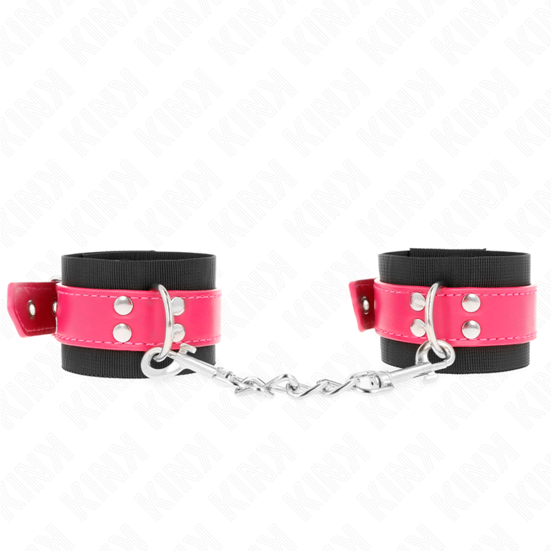 KINK - NYLON POLSBANDJES ZWART MET KUNSTLEDEREN RIEM FRAMBOZEN ROZE VERSTELBAAR 19-29 CM X 5.1 CM