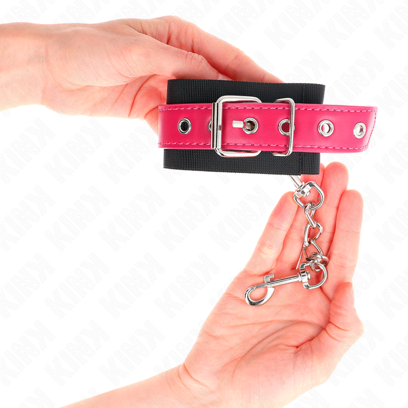 KINK - NYLON POLSBANDJES ZWART MET KUNSTLEDEREN RIEM FRAMBOZEN ROZE VERSTELBAAR 19-29 CM X 5.1 CM