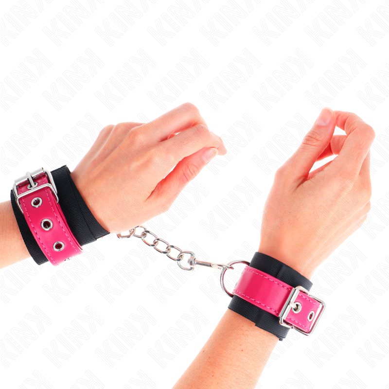 KINK - NYLON POLSBANDJES ZWART MET KUNSTLEDEREN RIEM FRAMBOZEN ROZE VERSTELBAAR 19-29 CM X 5.1 CM