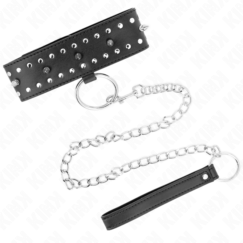 KINK - HALSBAND MET RIEM 65 CM MET ZILVEREN STUDS MODEL 1 VERSTELBAAR 36-43 CM X 5 CM