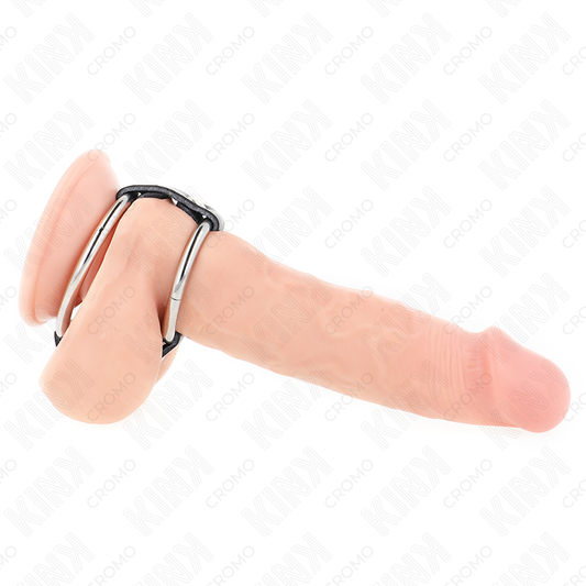 KINK - DUBBELE METALEN PENISRING 3,8 CM TOT 5 CM VERBONDEN MET LEER