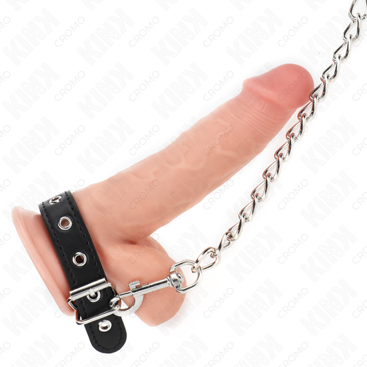 KINK - LEREN PENISRING MET BANDJE 21,5 X 2 CM EN METALEN KETTING 60 CM