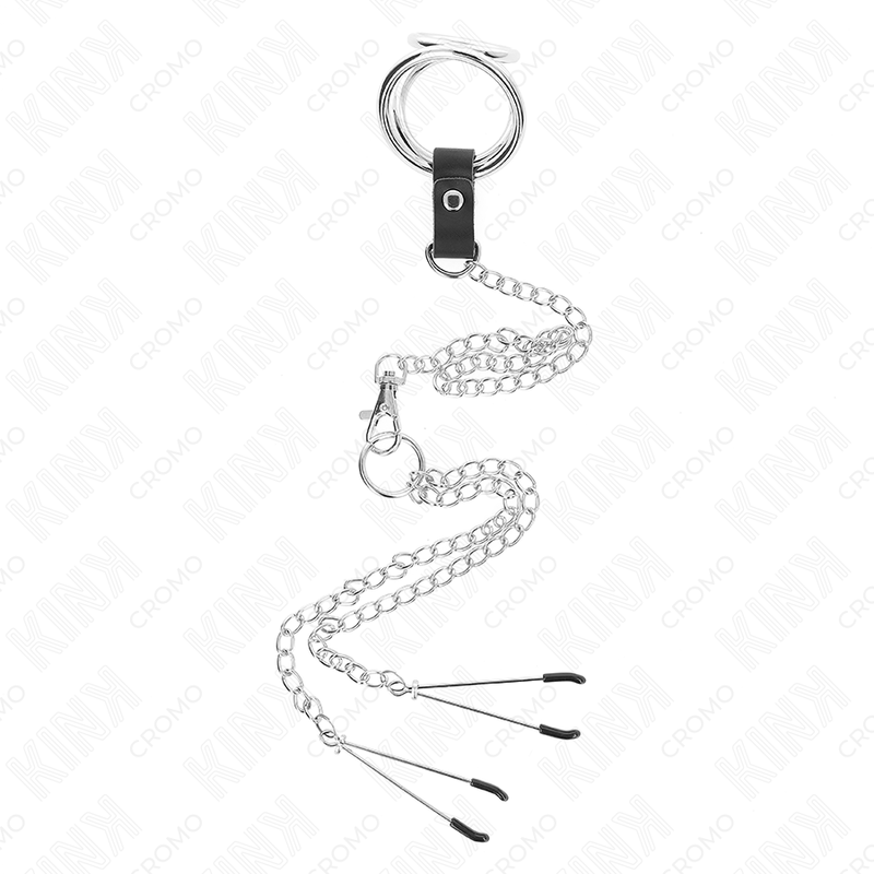 KINK - DRIEVOUDIGE CHROOM METALEN PENISRING 3 CM TOT 4,5 CM MET EEN METALEN KETTING VAN 26 CM EN NIPPELKLEMMEPJES