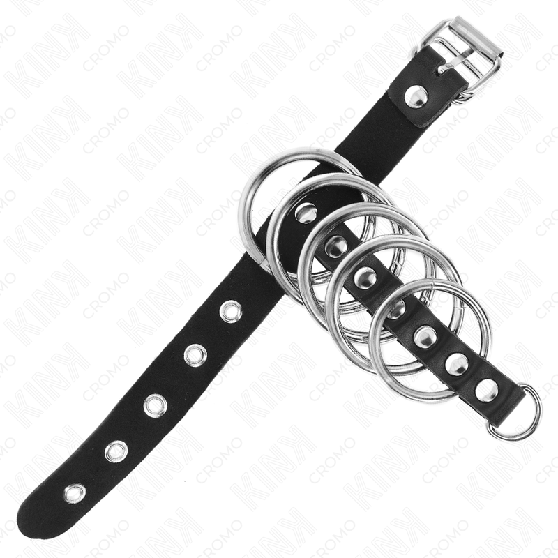 KINK - LEREN PENISRING MET SLUITRIEM 21 X 2 CM EN 5 METALEN RINGEN VAN 3 CM TOT 4 CM